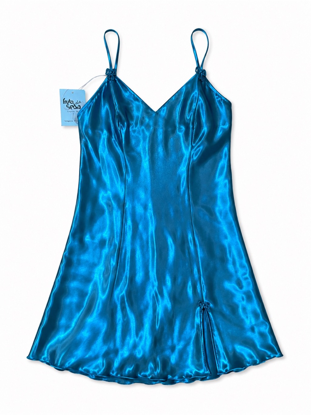 Vintage Y2K Fruto Da Seda Teal Blue High Shine Satin Slip Dress Lingerie NWT